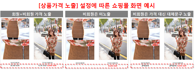 상품가격노출설정에 따른 쇼핑몰 화면 예시